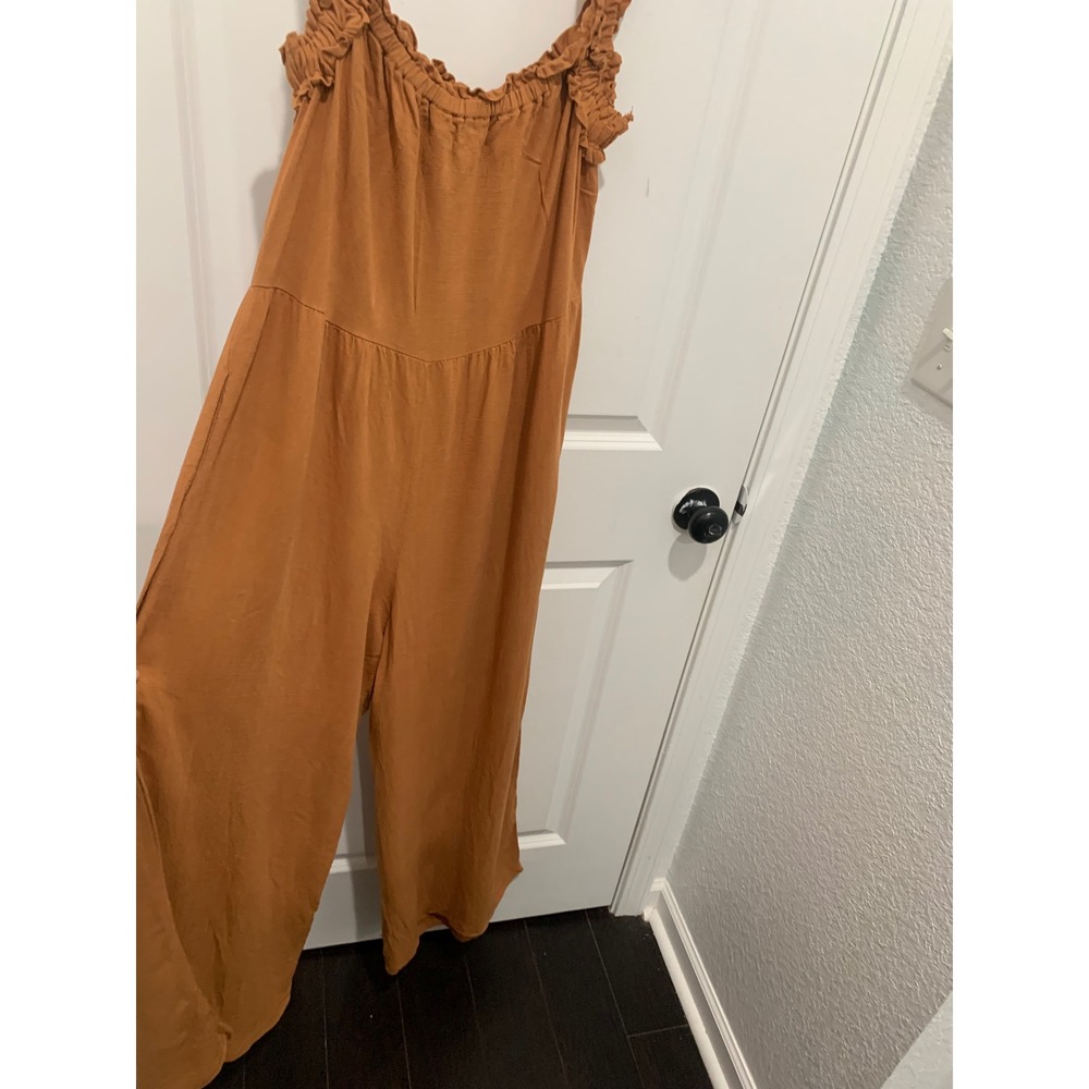 Ces Femme Rust Orange Linen Blend Ruffle Strap Wide Leg Jumpsuit Large - Picture 6 of 6